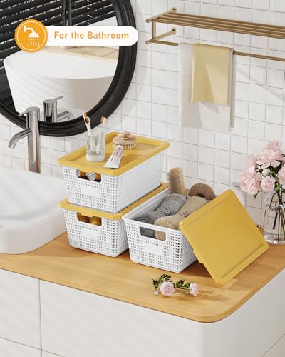 Image of EOENVIVS Storage Bins Bakets with Lids 6 Pack, Stackable Organizer Bins for Small Spaces, Pantry, Closet & Bathroom, Secure Snap Lids, 11x7x5 Plastic Storage Containers for Shelf Organization, White