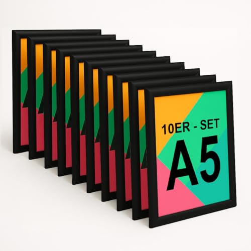 Aluanz Klapprahmen A5 Schwarz - 10er Set - Bilderleiste, Wechselrahmen mit Antireflexfolie, Posterleiste für Wandmontage, Posterrahmen Hoch- und Querformat, Plakatrahmen - 24 x 18 x 1,2 cm