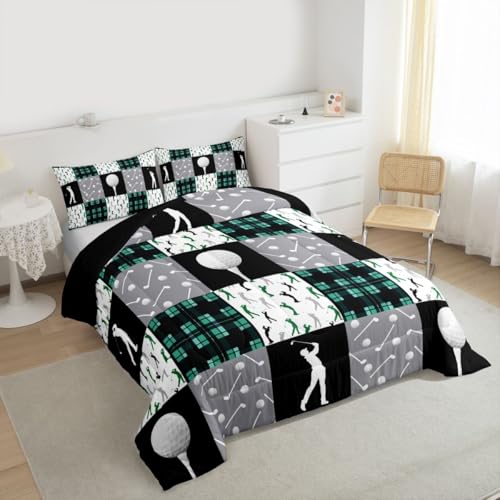Image of Feelyou Golf Comforter Set Full Size Black Green Plaid Buffalo Check Geometric Bedding Set for Kids Boys Girls Sports Theme Duvet Quilt Bedroom Decor Microfiber 3 Pcs with 2 Pillow Cases
