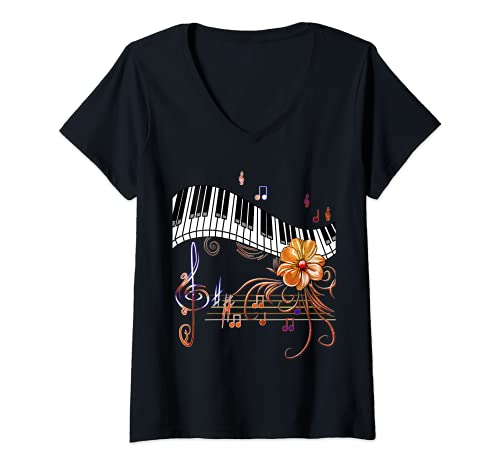 Femme Piano Musicalement Fleur d'or T-Shirt avec Col en V