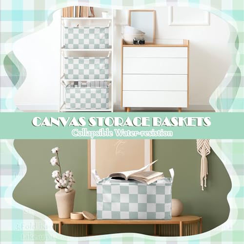 Image of Boao 3 Pcs Sage Green Checkered Storage Basket with Handle Cute Car Baskets Gingham Classroom Laundry Toy Storage Bin Organizer Canvas Plaid Hamper for Dormitory Home Nursery Bathroom Bedroom