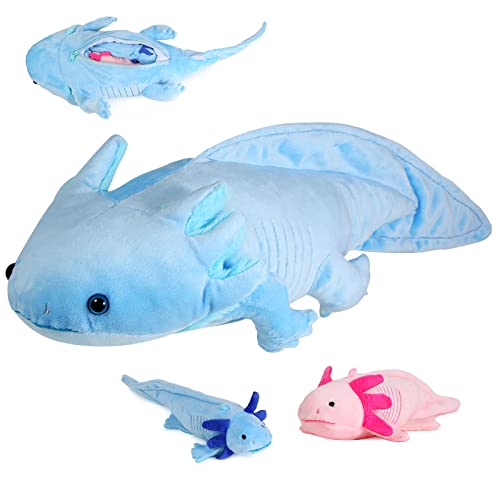 Lilizzhoumax Simulation Axolotl Plush Toy Set, Realistic Stuffed Animal with 2 Small Babies, Soft Zipper Playset