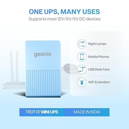 Image of Geonix Trot R7 Mini UPS, Backup 4-10 Hrs, 2x2000 mAh Battery, Supports DC Port (12V /2A,9V /2A), USB (5V /2A) Output, Power Backup for Wi-Fi Routers, CCTV Camera, Cordless Phone, Modem (Maya Blue)