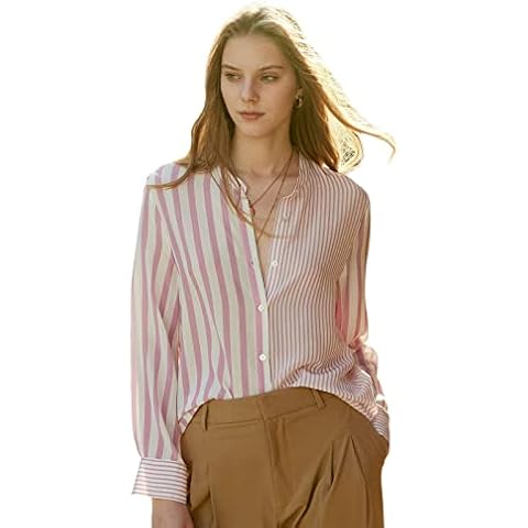 COLD POSH Women's 100% Pure Silk Blouse: Long Sleeve Button Down Shirt Spring Summer Smooth Tops - Women Elegant Soft Classic Fit Fashion Shirts for Ladies Work Casual Blouses,White & Pink Striped,M Cover