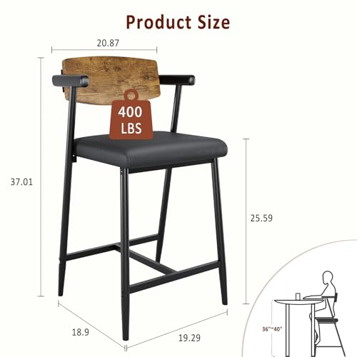 Image of GarveeHome Counter Height Bar Stools Set of 2 with Arms, 26 in Upholstered Modern Bar Stools Set with Wood Back & Footrest for Kitchen Island, Counter Bar, Wider Seat, Easy Assembly, Retro Brown