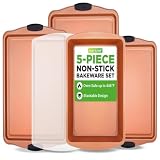 NutriChef 5-teiliges Backformen-Set, antihaftbeschichtet, Karbonstahl, stapelbare Backbleche, Küchen-Backblech, Keksblech für den Ofen, mit Silikongriffen, PFOA, PFOS, PTFE-frei