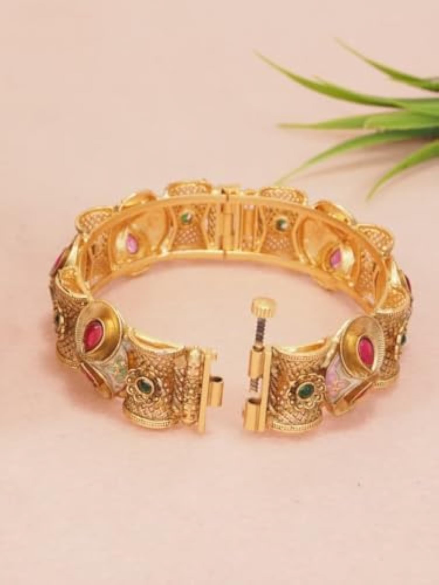 Traditional Gold-Plated Antique Bangles with Ruby & Green Stone