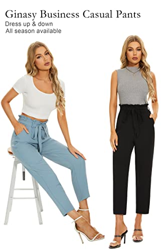 Ginasy Womens Paperbag Pants High Waisted Business Casual Pants Work Office Elastic Slacks Straight Leg Dressy Trousers With Pockets Black #TOP5