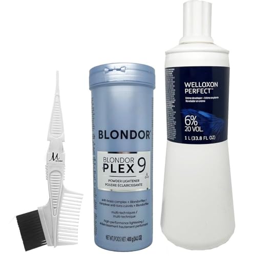 Blonde Me Lightener 9+ Bleach 450 grams, BlondeMe Developer 6% / 20 Volume 1 Liter and M Hair Designs Tint Brush Comb (Bundle)