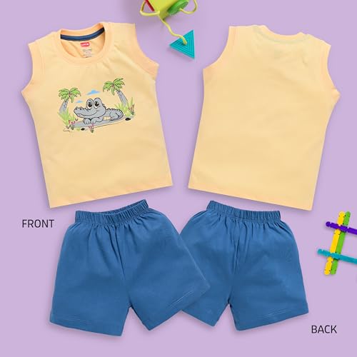 Image of LuvLap Baby Boys Cotton Solid Sleeveless Tank Top & Shorts Sets Pack Of 3, Mango, Sweet Peach & Blue Radiance, XXL (18 to 24 Months)