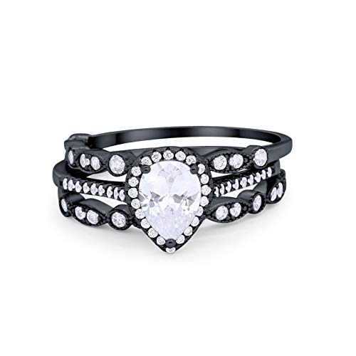 Blue Apple Co. Art Deco Teardrop Pear Wedding Engagement Bridal Set Three Piece Round Black Tone, Simulated Cubic Zirconia 925 Sterling Silver Size-10