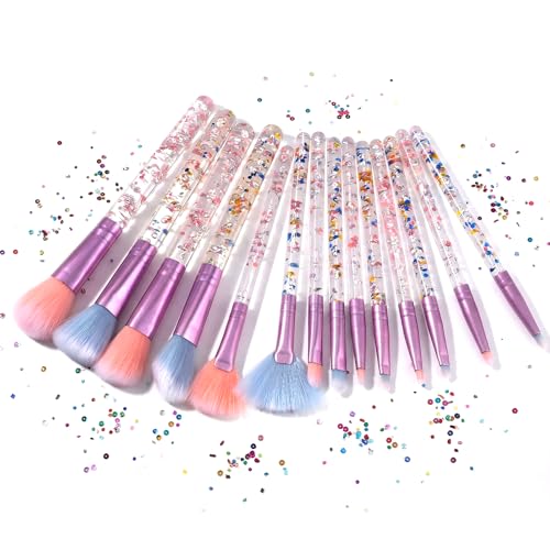 Image of Hadnves 14 Pcs Sparkle Powder Blush Makeup Brushes Set with Glitter Cute Fan Face Cosmetics Blending Brushes for Blush Lip Highlight Foundation Eyebrow Loose Powder Eye Shadow Girls Teen Women Present