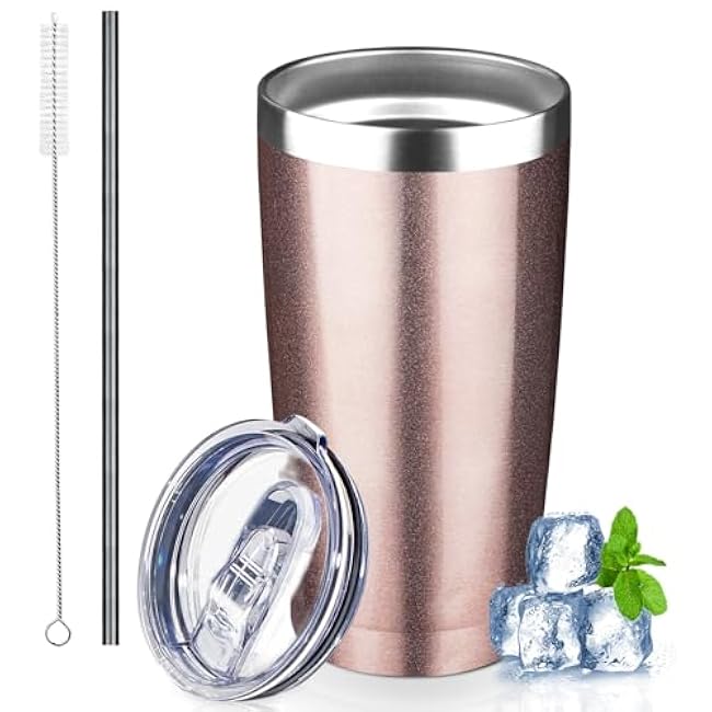 20 oz Tumbler with Lids and Straws, Stainless Steel Insulated Coffee Tumbler, Double Wall Vacuum Insulated Travel Mug Cup, Leakproof Thermal Coffee Cup for Hot and Cold Drinks (Rose Gold)