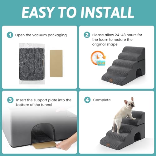 Image of COZY KISS Dog Stairs,with condo,22.4 inch H 5 Steps for Bed,Dark Grey | 5-step dog stairs and ramps for Old Cats, Puppy, Small Dogs,Non-Slip Base,for Couch & Bed, 17.7x33x22.4