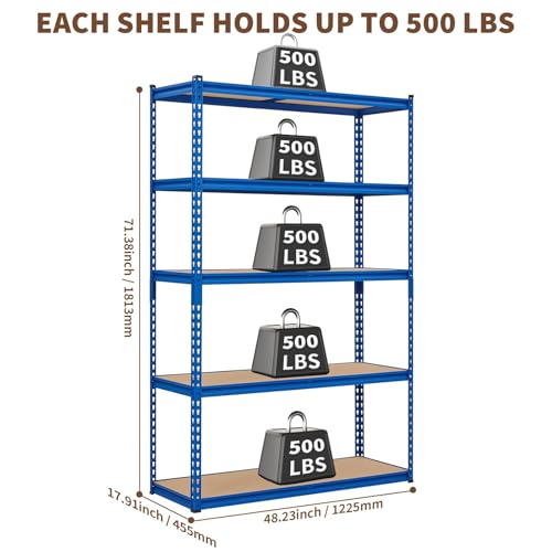 Image of GarveeTech 5-Tier Heavy Duty Storage Shelves, 2500 LBS Capacity Metal Shelving Unit with MDF Board, 48 inch W x 18 inch D x 72 inch H Adjustable Garage Shelving for Basement and Warehouse, High Gloss Blue