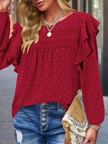BETTE BOUTIK Womens Boho Fall Long Sleeve Shirts Crewneck Dressy Casual Blouses Trendy Flowy Tops