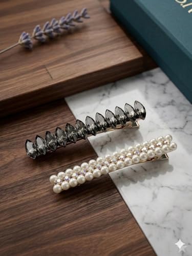 Image of Pearl & Crystal Hair Clips Set for Women, Elegant Rhinestone Barrettes, Stylish Hair Pins for Party, Wedding, Daily Wear - Pack of 2
