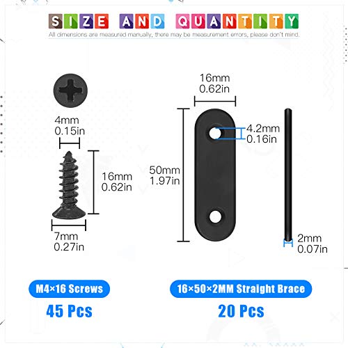Glarks 20 Sets 50mm Flat Straight Corner Brace Black Metal Joint Plate Connector Repair Fixing Bracket with 45Pcs Screws for Wood Furniture (50x2mm) - Image 2