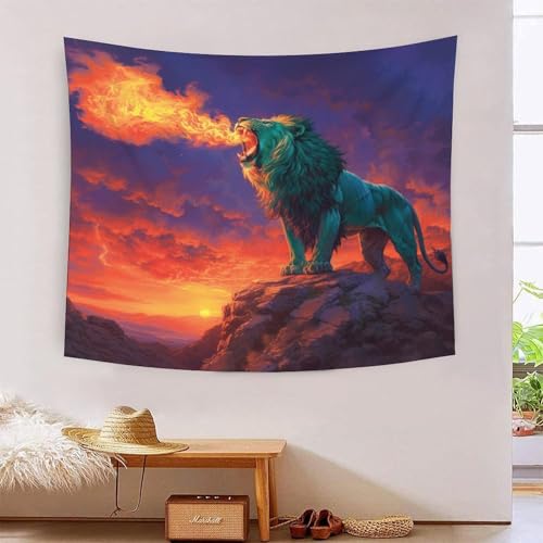 Tapisserie lion 3D effet visuel relief tissu decoration murale de salon format panoramique