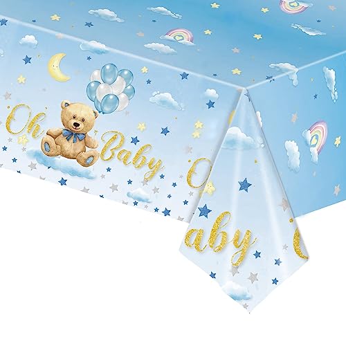 POPOYU Baby Blue Bear Shower Party Table Cloth,New Born Decor Disposable Tablecloth 54 x 108 Inches Rectangle Plastic Waterproof Cover for Boy Gender Reveal Supplies