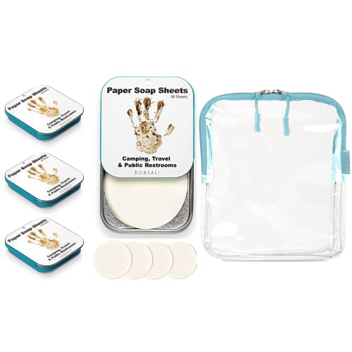 Borsali Paper Soap 4 Cases With 50 Sheets Each & 4 50 Sheet Refillsto Go + Light Blue Tsa Approved Clear Toiletry Bag Quart Size For Travel #TOP4