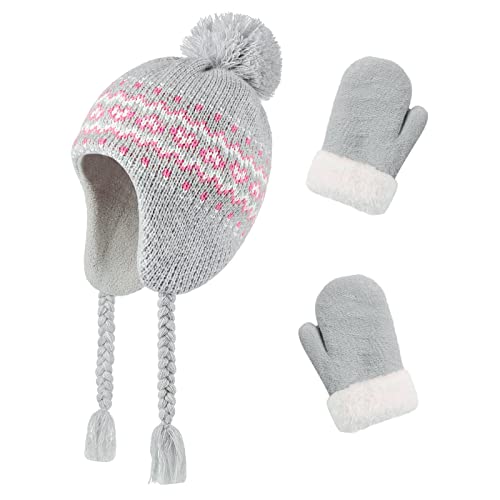 Image of Kids Winter Beanie Hat Mittens Set Warm Fleece Hat Baby Toddler Knitted Hat & Gloves for Boys, Girls