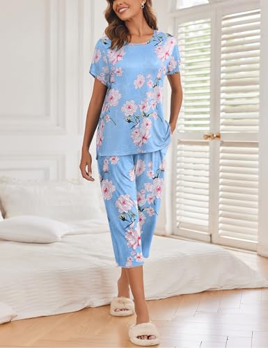 Image of Ekouaer Womens Capri Pajama Sets 2 Piece Floral Print Short Sleeve Sleepwear Top and Capri Pants Soft Loungewear with Pockets Blue Pink Flowers S