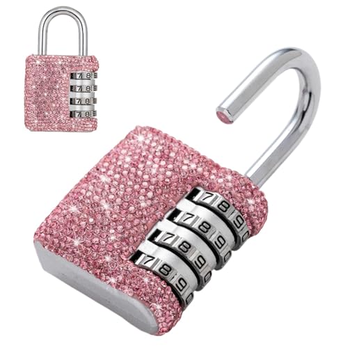 Bling Combination Lock for Locker Crystal 4 Digit Code Locks Outdoor Padlock for Gym School Sports Fence Toolbox Gate Case Room Hasp Storage (Pink)