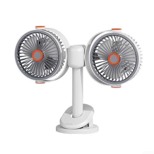Image of Portable Dual Head USB Fan with Phone Stand, 360° Rotating 5-Speed Rechargeable Desk Fan, 1200mAh Battery Powered Clip On Cooling Fan for Home Office Camping, White