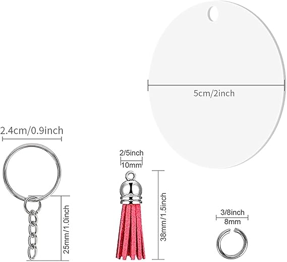 200 Pcs Acrylic Clear Keychain Blanks Tassels Set Including Key Rings with Chain and Jump Rings for DIY and Keychain Crafting (Round, 50 Sets)