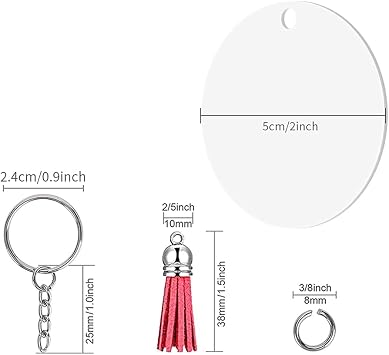 200 Pcs Acrylic Clear Keychain Blanks Tassels Set Including Key Rings with Chain and Jump Rings for DIY and Keychain Crafting (Round, 50 Sets)