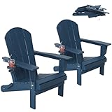 Outdoor Folding Adirondack Chair Set of 2 for Patio Fire Pit, Wooden Textured HDPE Adjustable Chairs with Cup Holder, Waterproof All Weather Resistant Plastic for Pool Lawn Garden Backyard(NavyBlue)