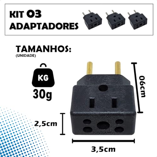 KIT 3 Adaptador De Tomada Universal Em Porcelana Preto 3 Pinos Benjamin 10A/20A Para 2 e 3 Pinos Biv