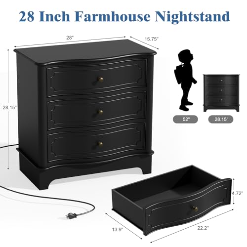 Image of 3 Drawers Dresser for Bedroom with Charging Station, 28 inch Wide Small Chests of Drawers, Farmhouse Wood Nightstand Bedside Cabinet End Table for Bedroom, Living Room, Closet, Black