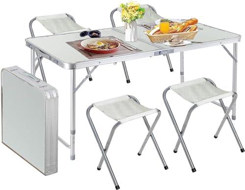 Ignito 4 Feet Multipurpose Aluminium Folding Camping Table with 4 Oxford Mat Chairs & Carrying Handle | Height Adjustable Table for Picnic, Hiking, Garden, Outdoor & Indoor Use (1) Ignito 4 Feet Multipurpose Aluminium Folding Camping Table with 4 Oxford Mat Chairs & Carrying Handle | Height Adjustable Table for Picnic, Hiking, Garden, Outdoor & Indoor Use (1)