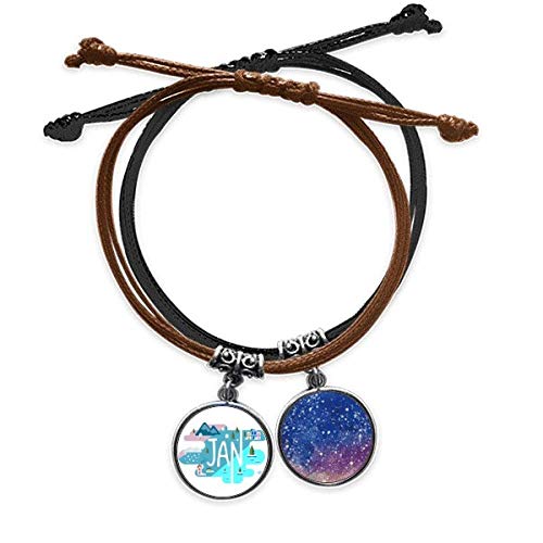 Pulsera de cuero mes de enero con ilustración de temporada y cadena de cuerda
