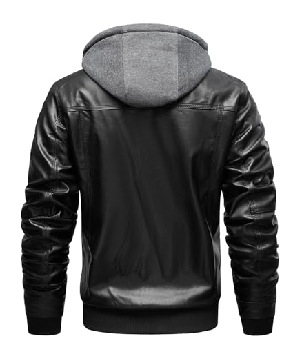 INVACHI Men\'s Leather Jacket Motorcycle Bomber Jacket Windproof PU Vintage Jacket with Removable Hood - Thumbnail 6