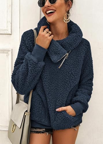 KIRUNDO Sherpa Pullover Womens Fleece Zip Sweatshirt Fall(Dark Blue, M) - image 4