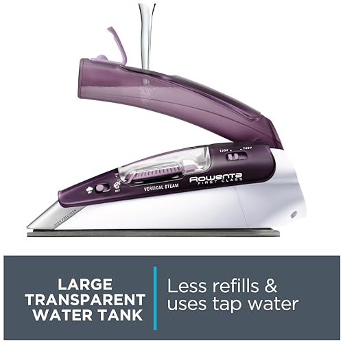 Rowenta Travel Iron, Pro Compact Stainless Steel Soleplate Hand Held Steamer Iron for Clothes, 200 Microsteam Holes, 1000 Watts Ironing, Fabric Steamer, Dual Voltage, Mini Iron, Purple, DA1560