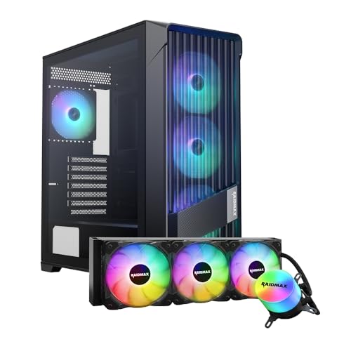 Raidmax X603 ATX Caja de PC de escritorio para juegos Caja de PC de torre media preinstalada x 4 ventiladores RGB ARGB direccionables ATX USB 3.0 USB tipo C Funda de PC de vidrio templado (Negro