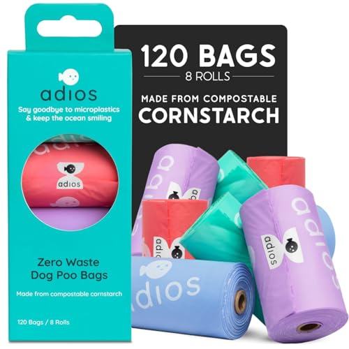 Adios - Compostable Dog Poop Bags 120 Count (8 Rolls) - Rainbow Colours - Extra Thick Leakproof Odour Proof Dog Waste Bags - Made from Compostable Cornstarch - Easy Tear Rolls