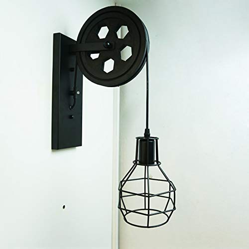 Luz de polea de elevación Creativa, lámpara de Pared Negra de Madera Vintage para Loft, Pasillo, mesita de Noche, Porche, Restaurante, Bar, cafetería, Sujetador Ligero
