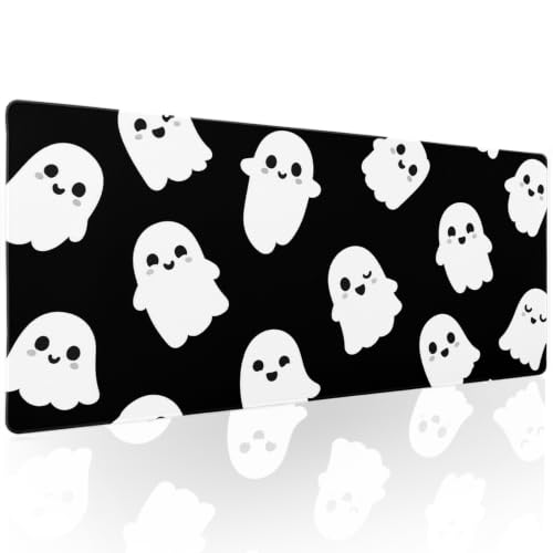 Image of Halloween Cute Ghost Mouse Pad Kawaii Cartoon Spooky Funny Spirit Extended Desk Mat Non-Slip Rubber Base Stitched Edge Large XL Black White Mousepad for Desk Gaming Laptop Desktop,31.5x11.8 Inch