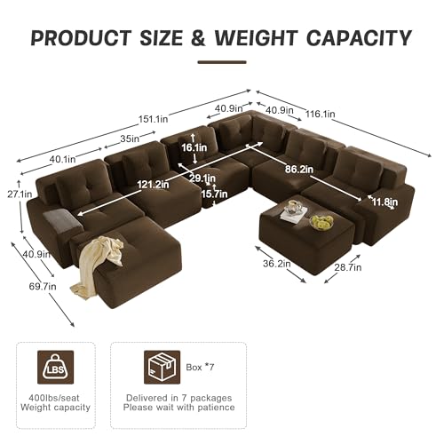 Image of 151.1 inch Large Modular Sectional Sofa for Living Room, 6-Seater V-Shaped Corner Sofa, Comfy Cloud Boneless Couch with 2 Movable Ottomans, Corduroy Design for Family Space, No Assembly, Brown
