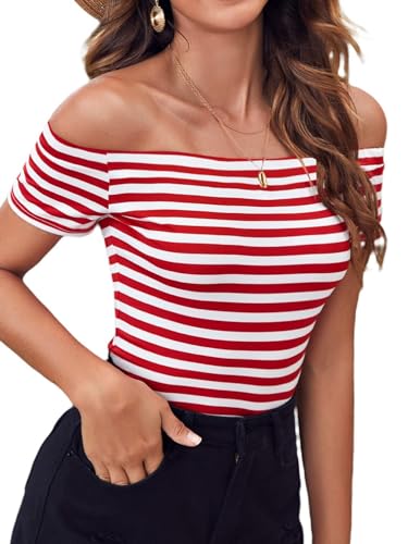 LilyCoco Off The Shoulder Tops for Women Striped Short...