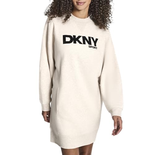 DKNY Women's Long Sleeve High Neck Flocked Logo Fleece Sneaker Dress, Cortado Heather, Medium