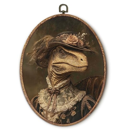 Hxlac Vintage Whimsical Dinosaur Oval Wall Art Framed, Renaissance Style Dinosaur Oval Wall Decor, Moody Dino Canvas Prints Wall Sculptures for Home Bedroom Living Room Gallery Decor, 8.5x11.5 Inch