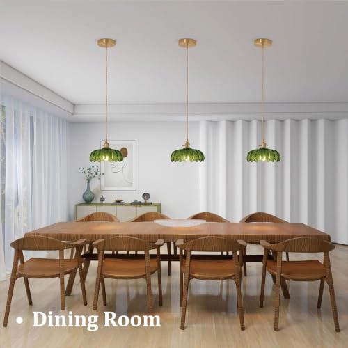Image of Shenmoyl Pendant Light with Green Scindapsus Glass Lmapshade, Brass Vintage Pendant Light Adjustable Hanging Light for Kitchen Island Dining Room Hallway