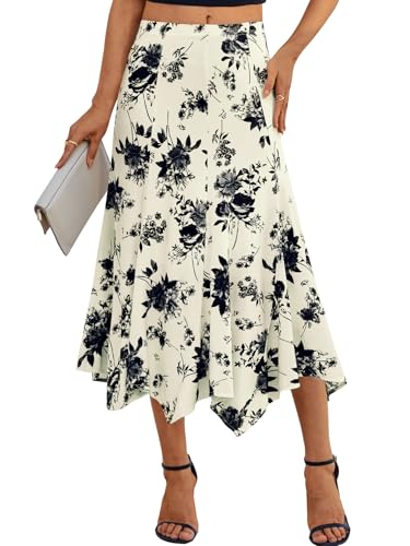 BAISHENGGT Womens Summer Casual Floral Flowy Skirts Elastic High Waisted Asymmetrical A-Line Draped Flared Midi Skirt Apricot-Black Floral L