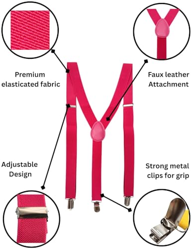 Image of BookMyCostume Pink Suspenders for Kids & Adults|Adjustable Elastic Y-Back Belt for Fancy Dress Costumes,Theme Parties,Dance Costume,School Functions & Stage Shows|Unisex Clip-on Suspenders Accessory